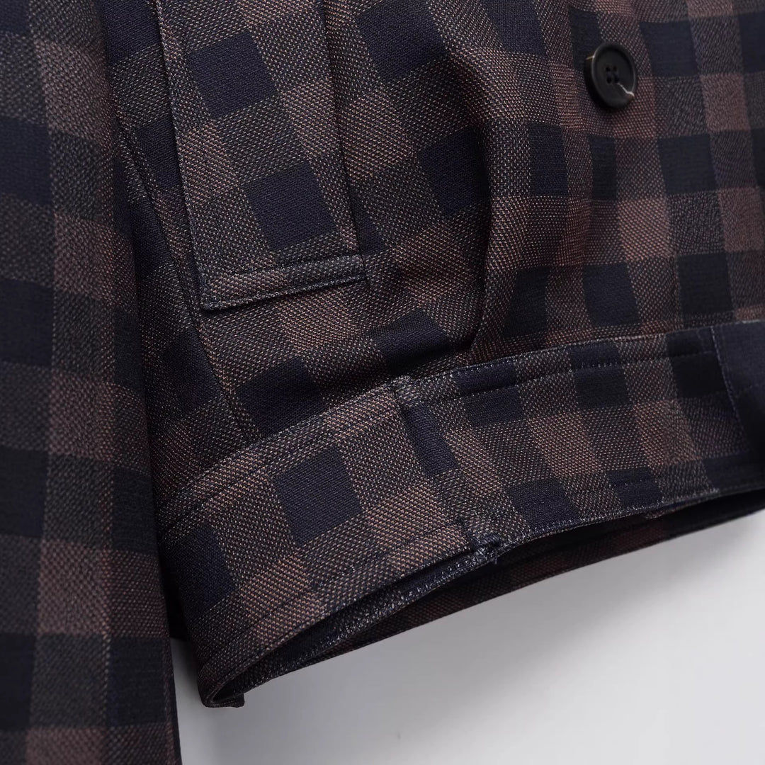 Women's Short Double-Breasted Jacket in Checked Design with Notched Collar and Waistband Mune Fashion