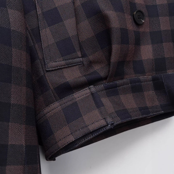 Women's Short Double-Breasted Jacket in Checked Design with Notched Collar and Waistband Mune Fashion