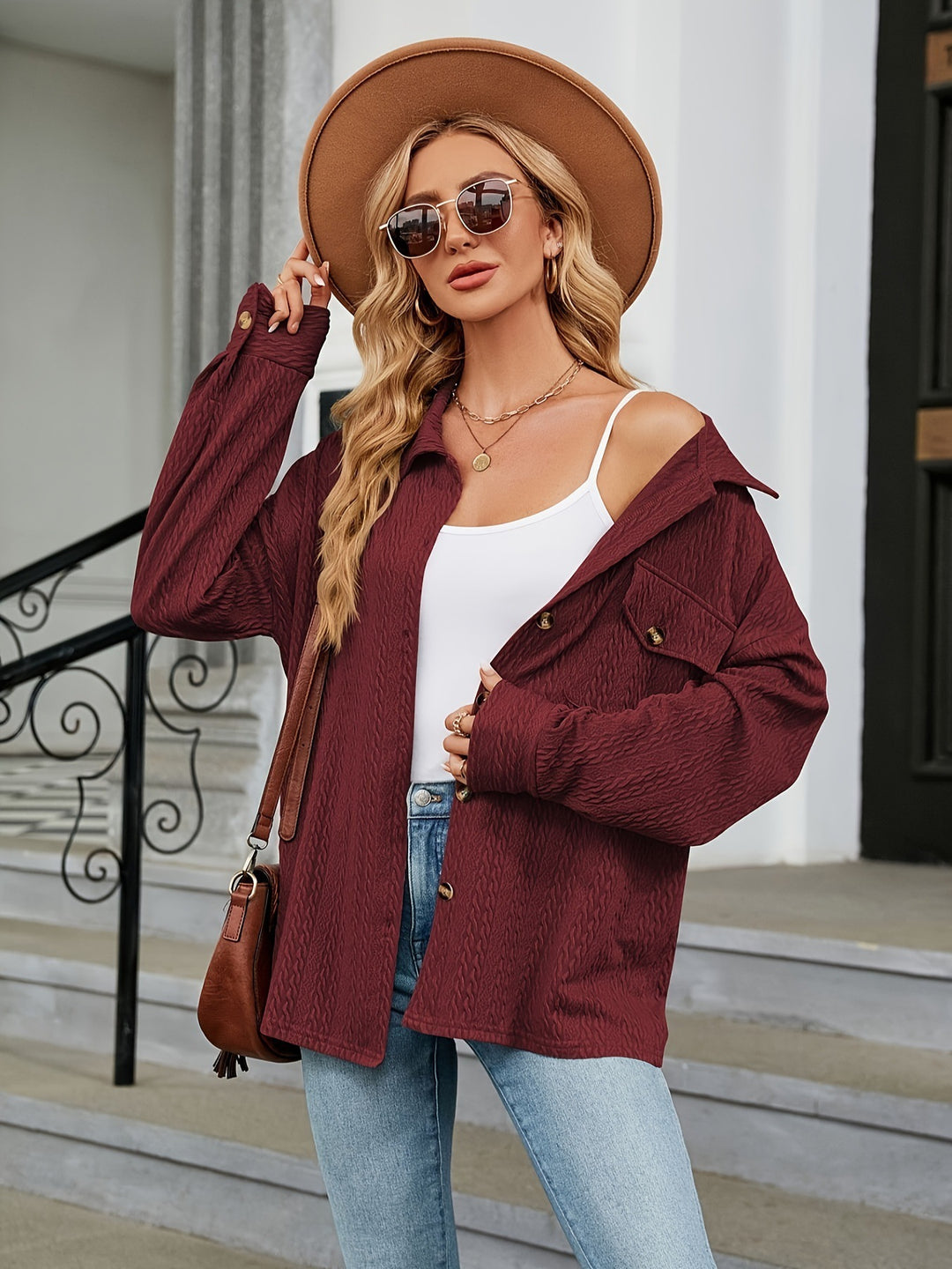 Women's Textured Oversized Shirt Jacket with Flap Pockets Mune Fashion