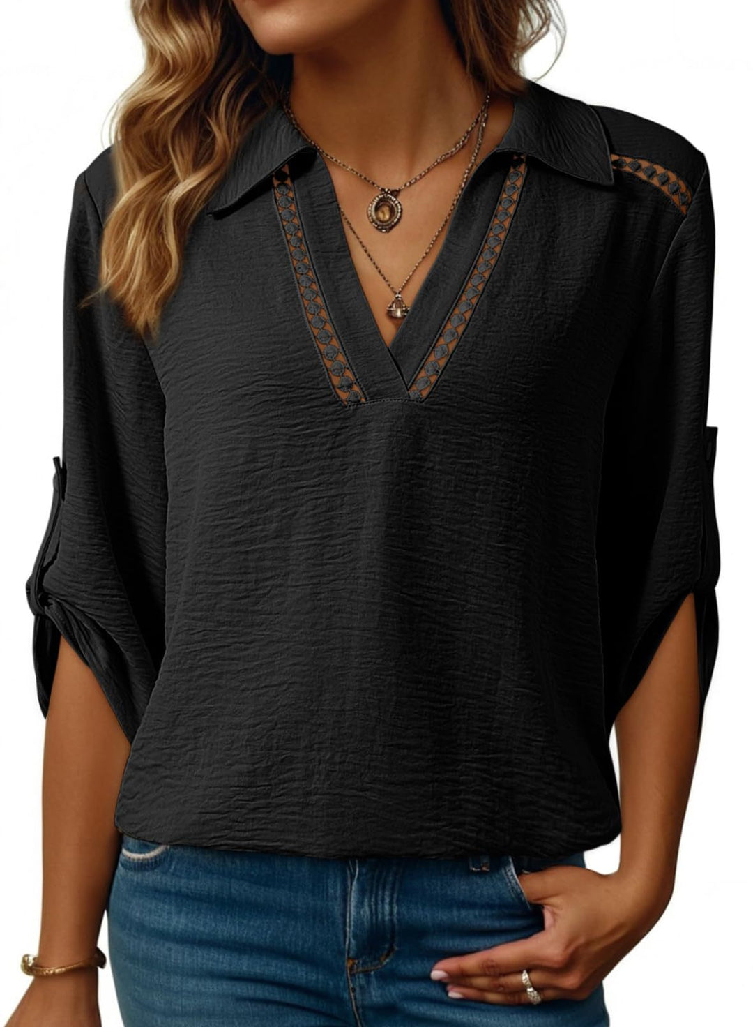 Women's blouse with V-neck, crocheted lace yoke and roll-up three-quarter sleeves Mune Fashion