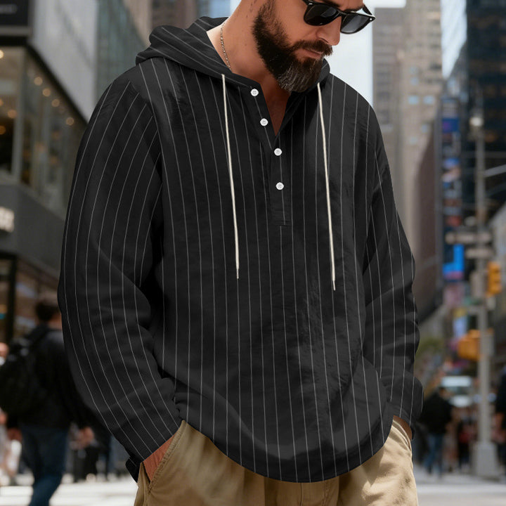 Men's Lightweight Hoodie Henley Shirt with Fine Pinstripes Mune Fashion