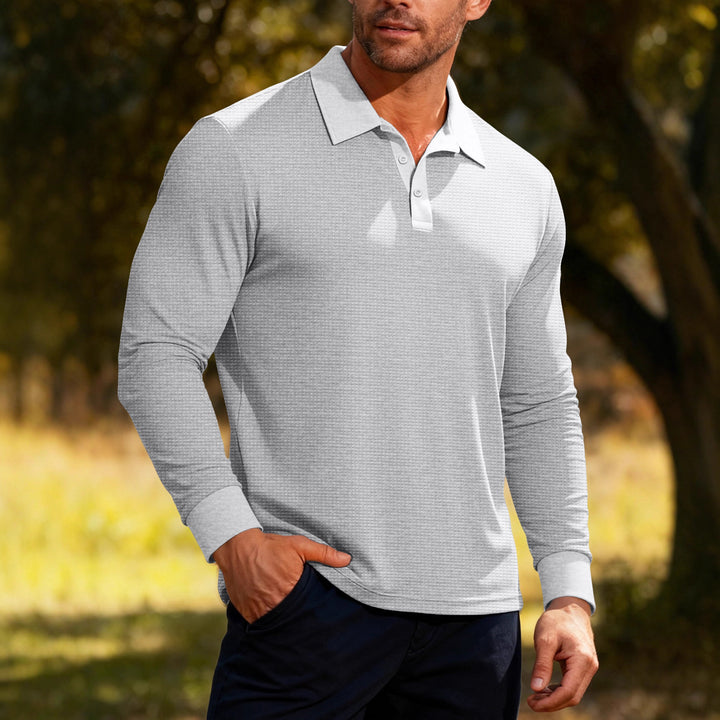 Men's long sleeve polo shirt made of waffle knit with a slim fit, concealed button placket, and shirt collar Mune Fashion