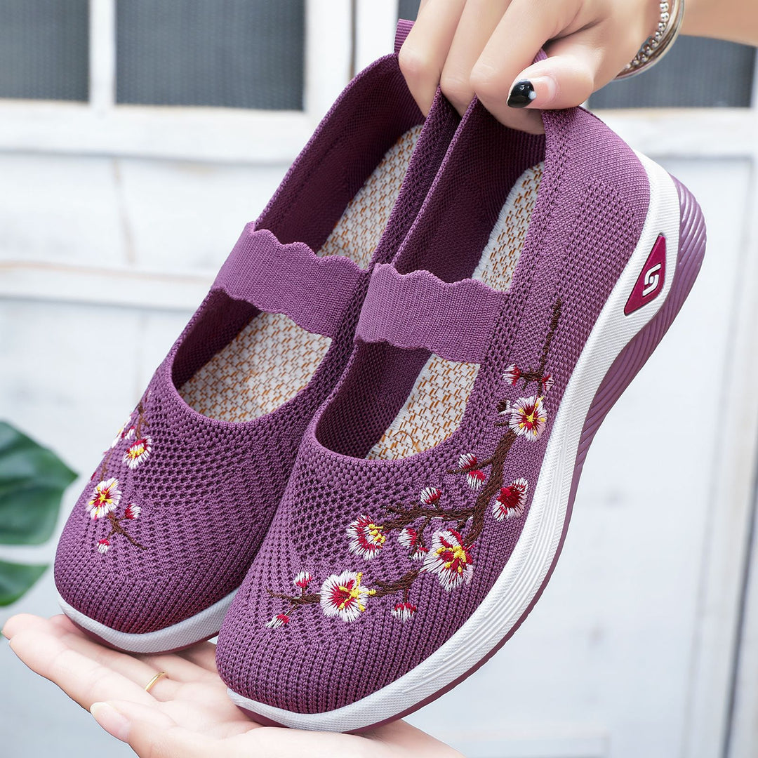 Women nan embroidered knitted slip-on sneakers with Mary Jane straps and shock-absorbing EVA sole Mune Fashion