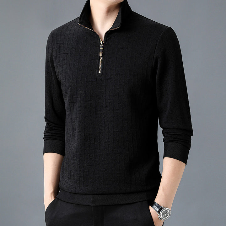 Men's Structure Jacquard Sweater with Short Zipper and Stand-Up Collar Mune Fashion