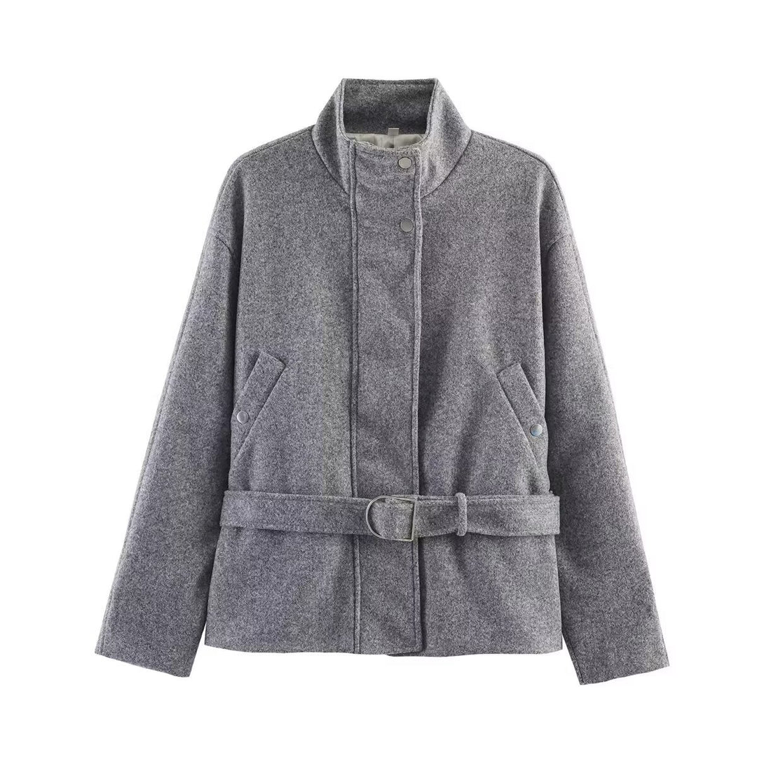 Ladies Short Wool Blend Transitional Jacket with Waist Belt and Stand-Up Collar Mune Fashion