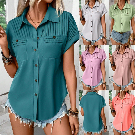 Women's short sleeve blouse with fine pleated yoke, breast pockets and Kent collar Mune Fashion