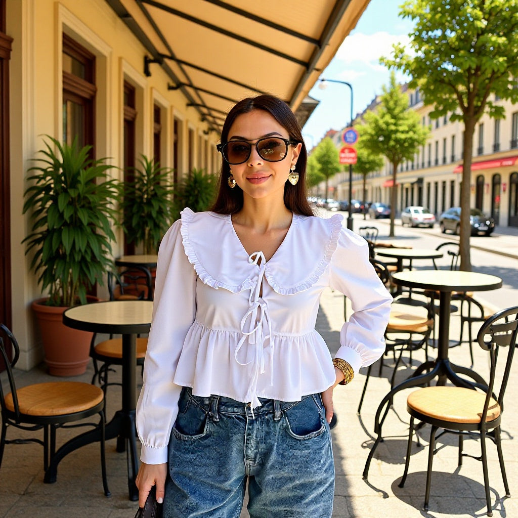 Women's Ruffled Cropped Blouse with Oversized Collar, Ties and Fitted Peplum Mune Fashion