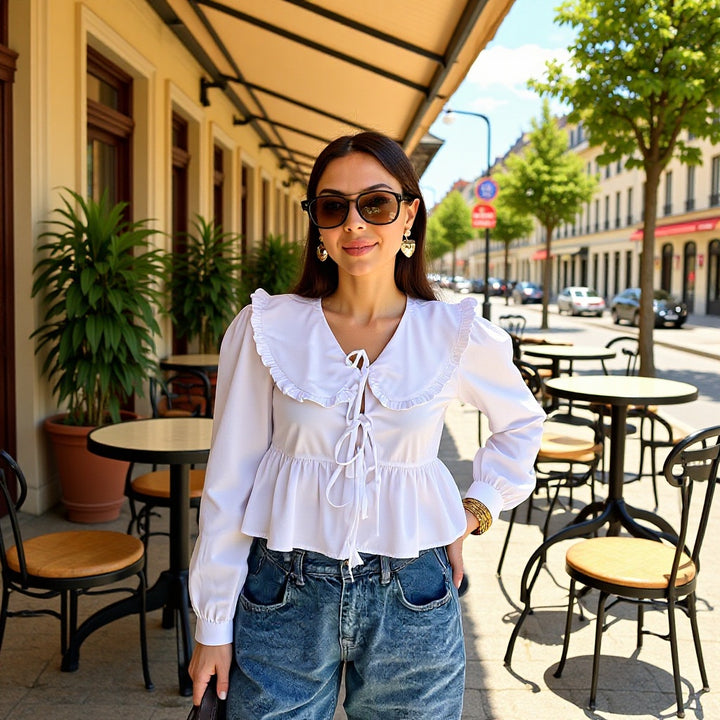 Women's Ruffled Cropped Blouse with Oversized Collar, Ties and Fitted Peplum Mune Fashion