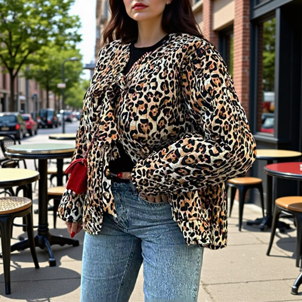 Women's Lightweight Blouson Jacket in Leopard Print with Ties and Patch Pockets Mune Fashion