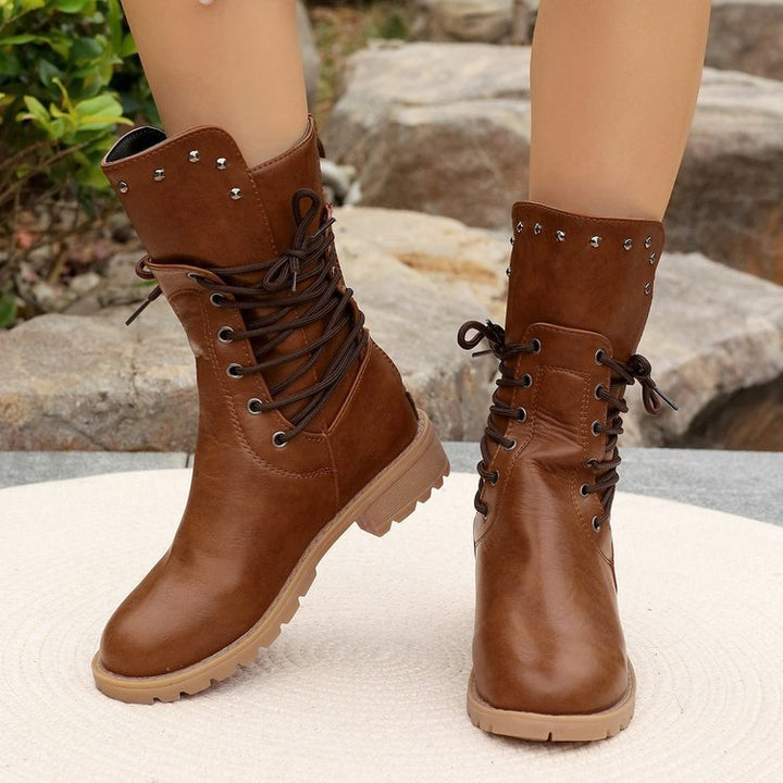 Women’s combat-style lace-up boots with stud detailing and chunky tread sole Mune Fashion