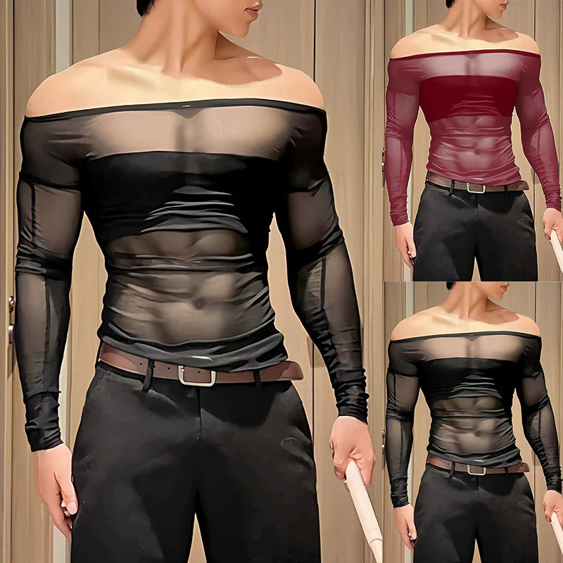 Ladies' sheer mesh long sleeve top with opaque chest band and wide round neckline Mune Fashion