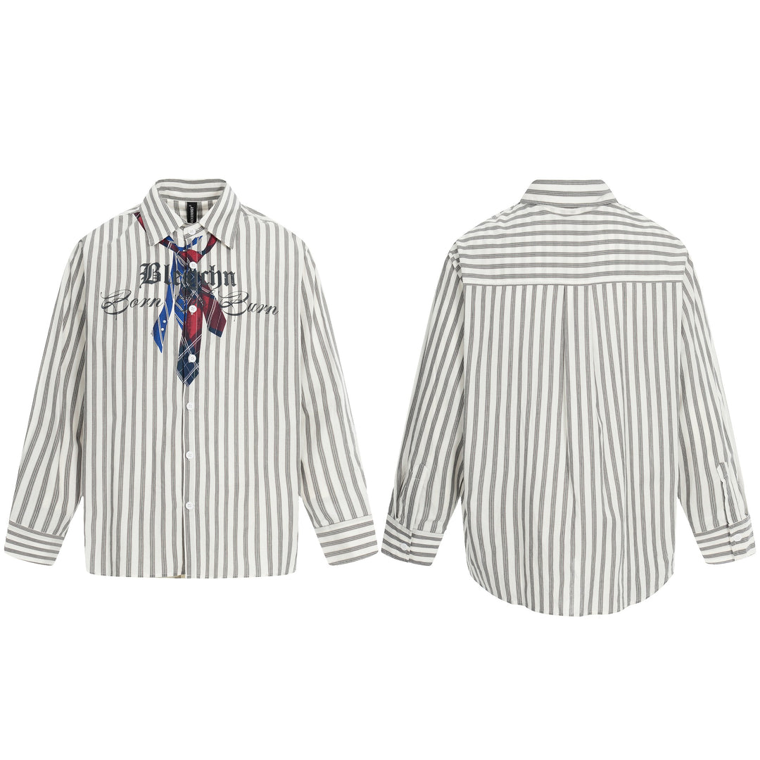 Women Oversize Shirt with Vertical Stripes, Tie Print and Vintage Inscription Mune Fashion
