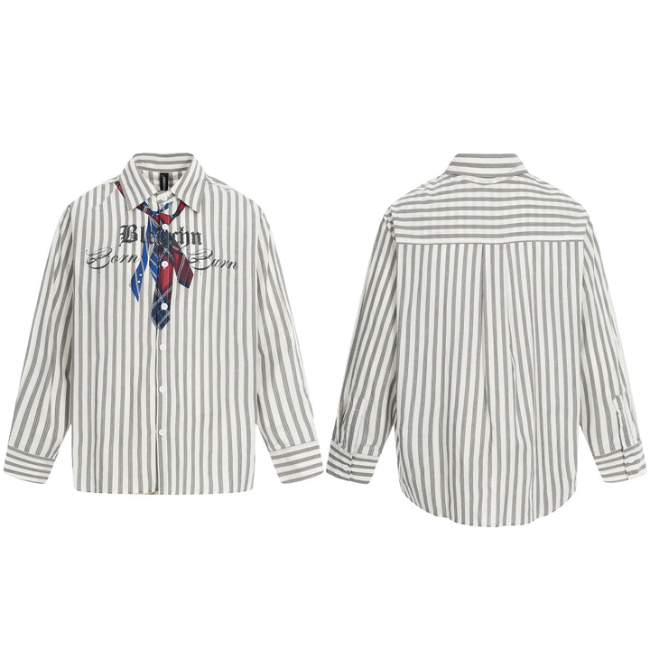 Women Oversize Shirt with Vertical Stripes, Tie Print and Vintage Inscription Mune Fashion