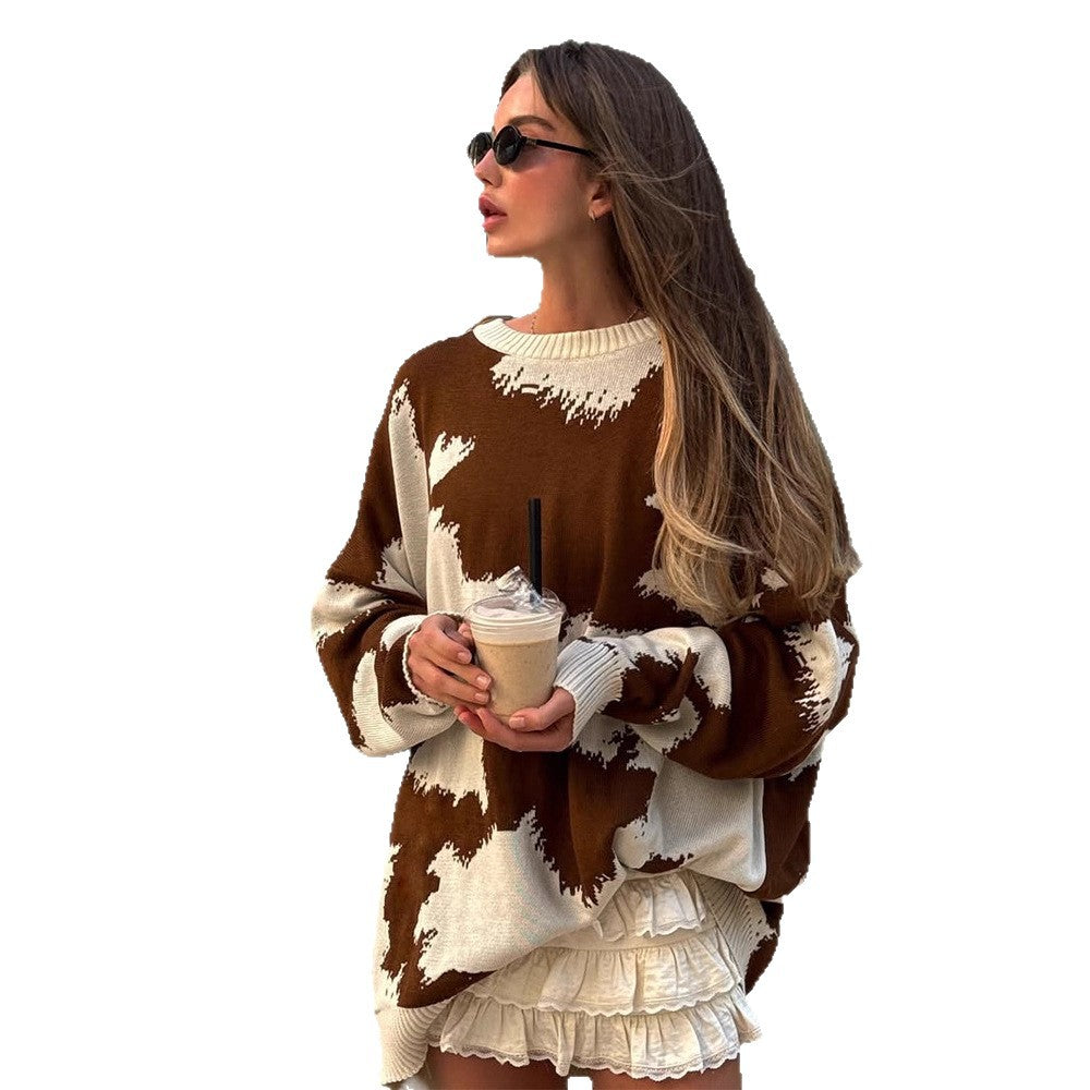 Women Oversized Knit Sweater with Abstract Spot Pattern and Ribbed Cuffs Mune Fashion