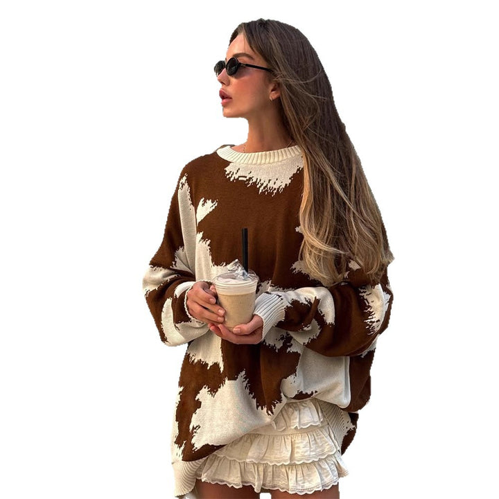 Women Oversized Knit Sweater with Abstract Spot Pattern and Ribbed Cuffs Mune Fashion