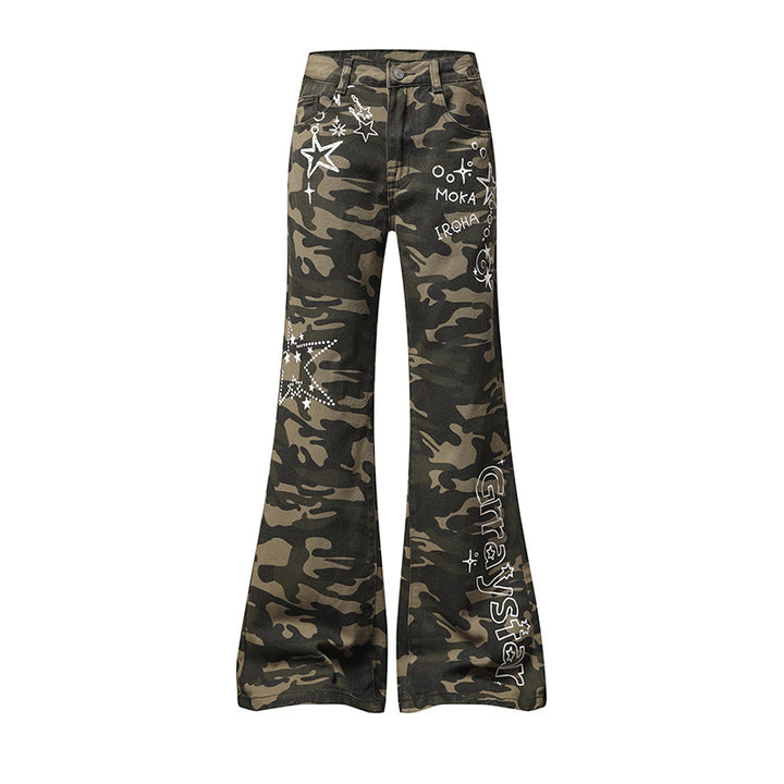 Women's Wide High-Waist Palazzo Jeans in Camouflage Print with Star and Text Applications, Flared Pants Mune Fashion