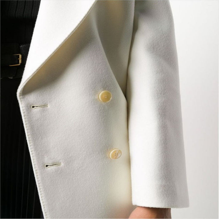 Women Slim Double-Breasted Wool Blend Long Coat with Shawl Collar, Gold Button Detail and Flap Pockets Mune Fashion