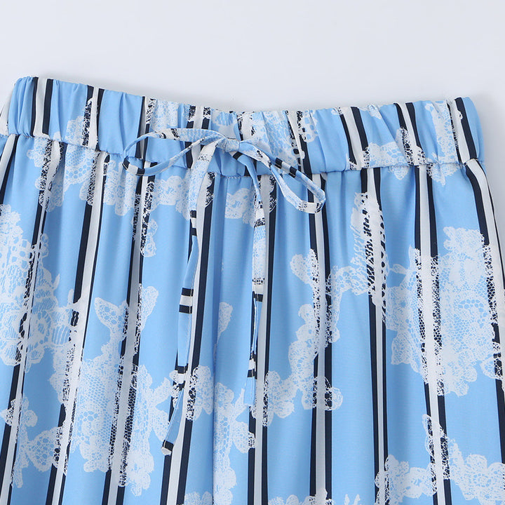 Ladies' wide Palazzo pants with elastic waistband, drawstring, and floral lace look Mune Fashion