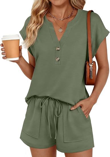 Women Casual Two-Piece Lounge Set with Button Placket, Drawstring Shorts and Pockets Mune Fashion