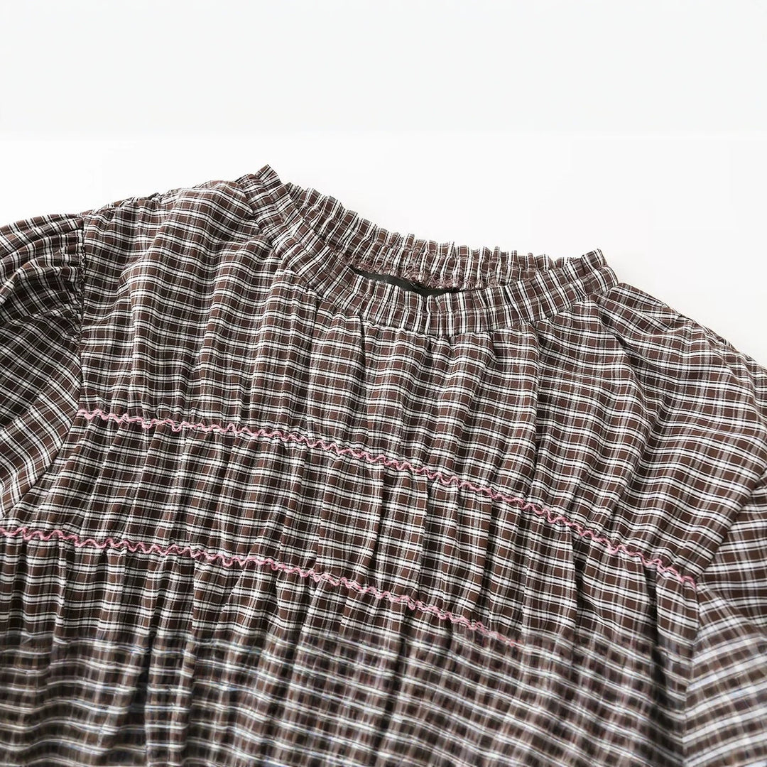 Women's Checked Smock Tunic Top with Ruffle Waist and Puff Sleeves Mune Fashion