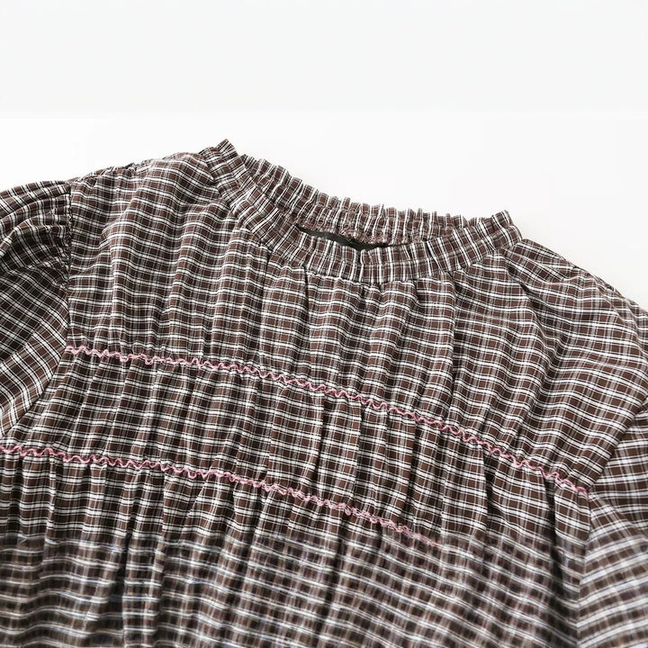 Women's Checked Smock Tunic Top with Ruffle Waist and Puff Sleeves Mune Fashion