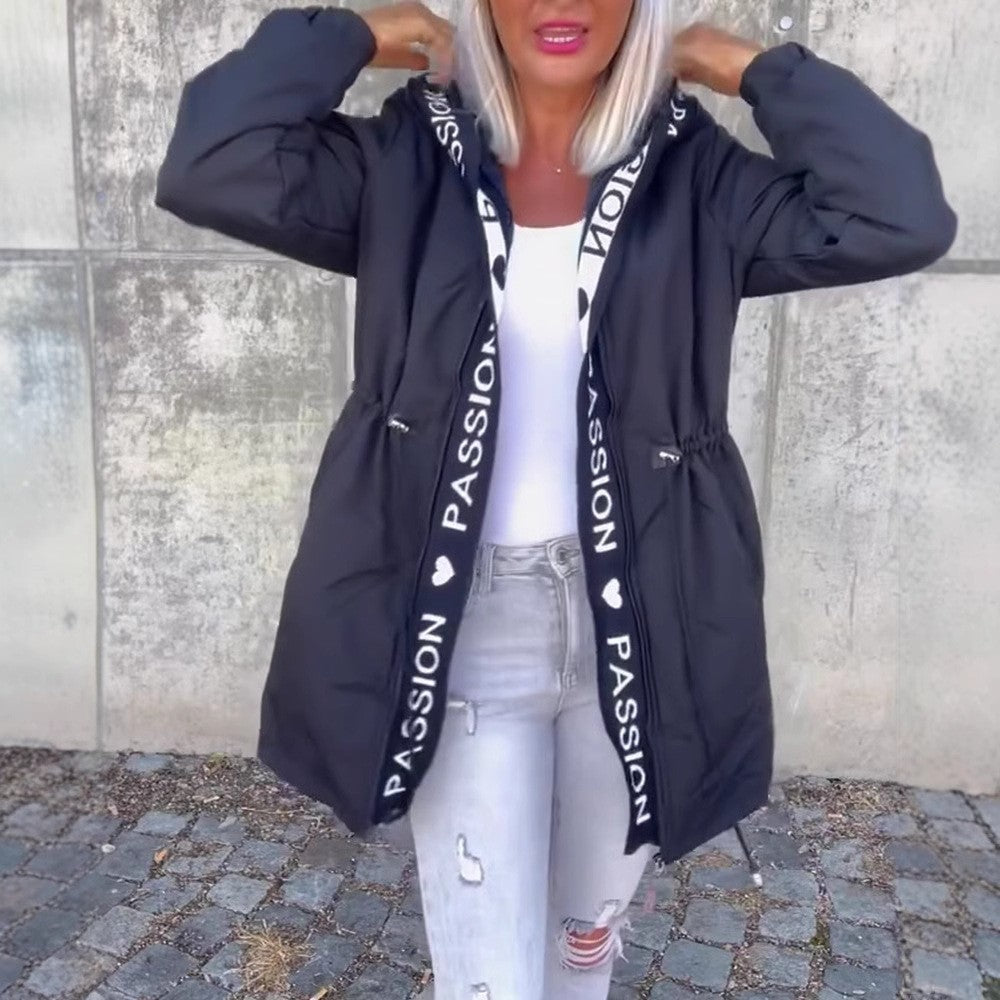 Women's Hooded Parka with Drawstring Waist and Logo Band Zipper Mune Fashion
