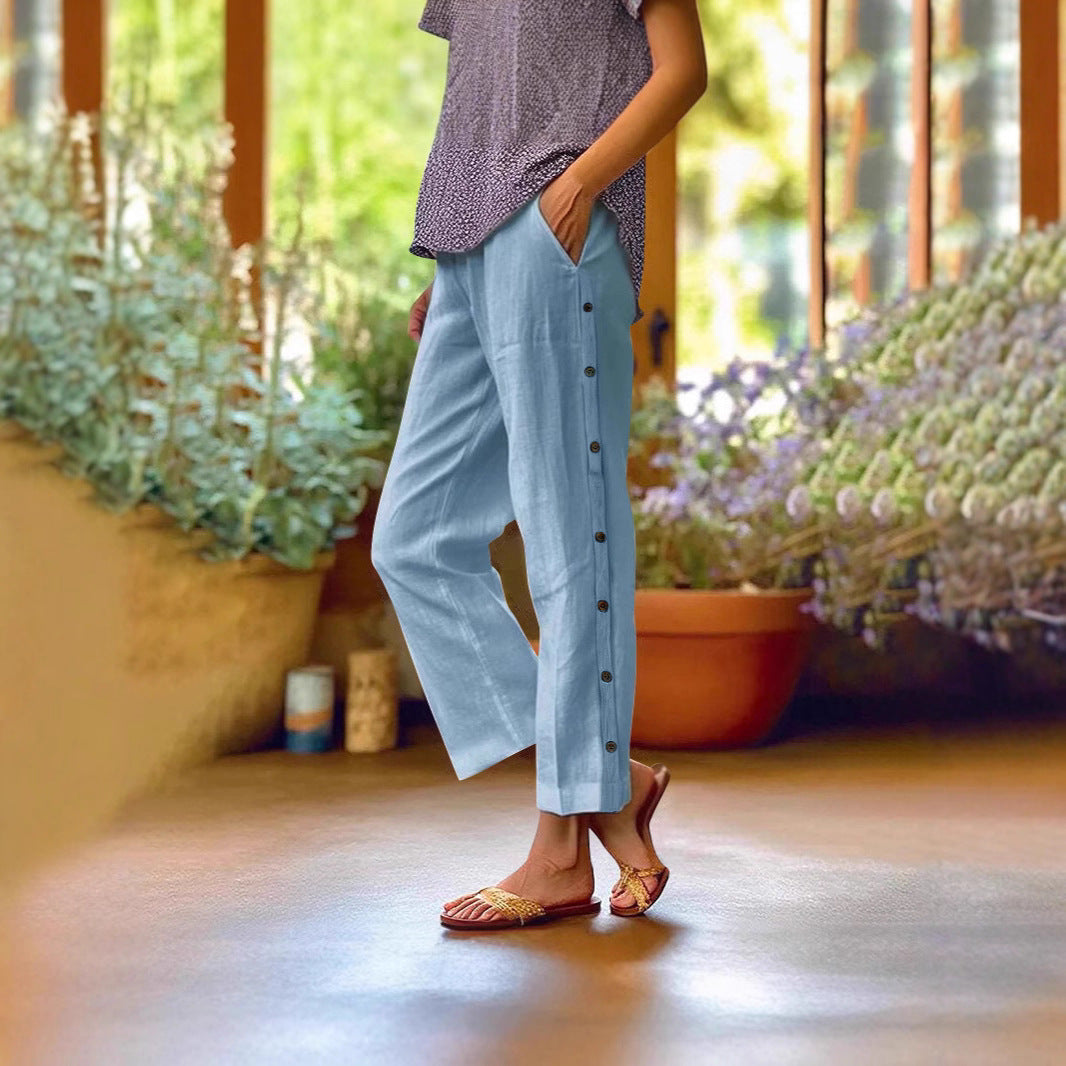 Women's Cropped Wide-Leg Button-Trim Linen-Blend Casual Pants Mune Fashion