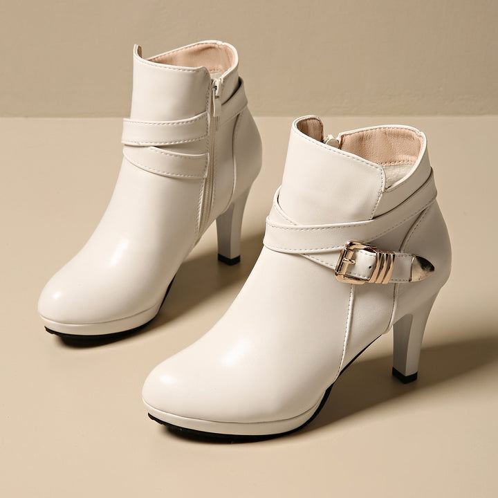 Women's Elegant Ankle Boots with High Heel, Side Zipper and Decorative Buckle Strap Mune Fashion