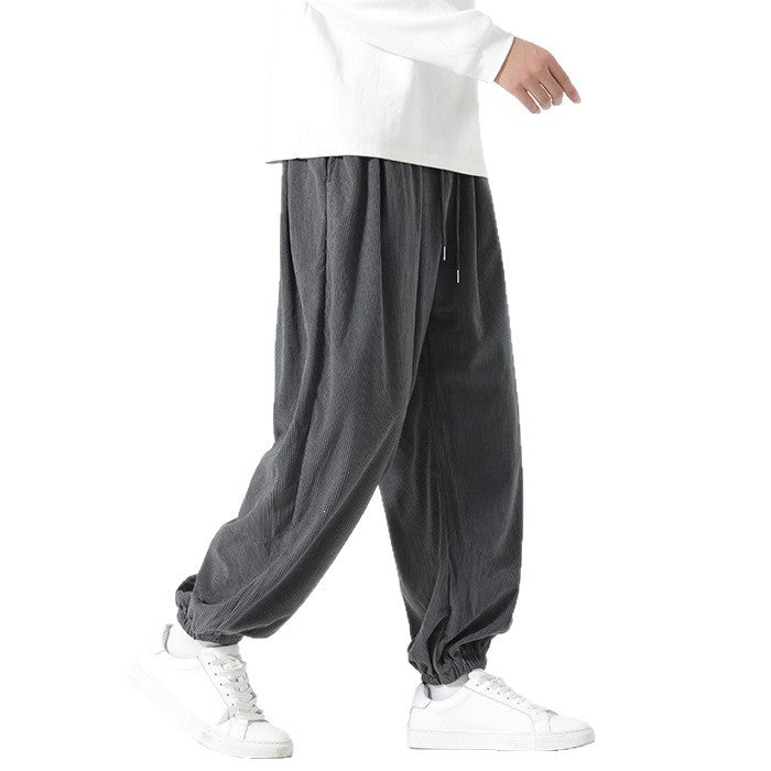 Men's Wide Cord Trousers in Balloon Cut with Drawstring and Elastic Cuff Mune Fashion