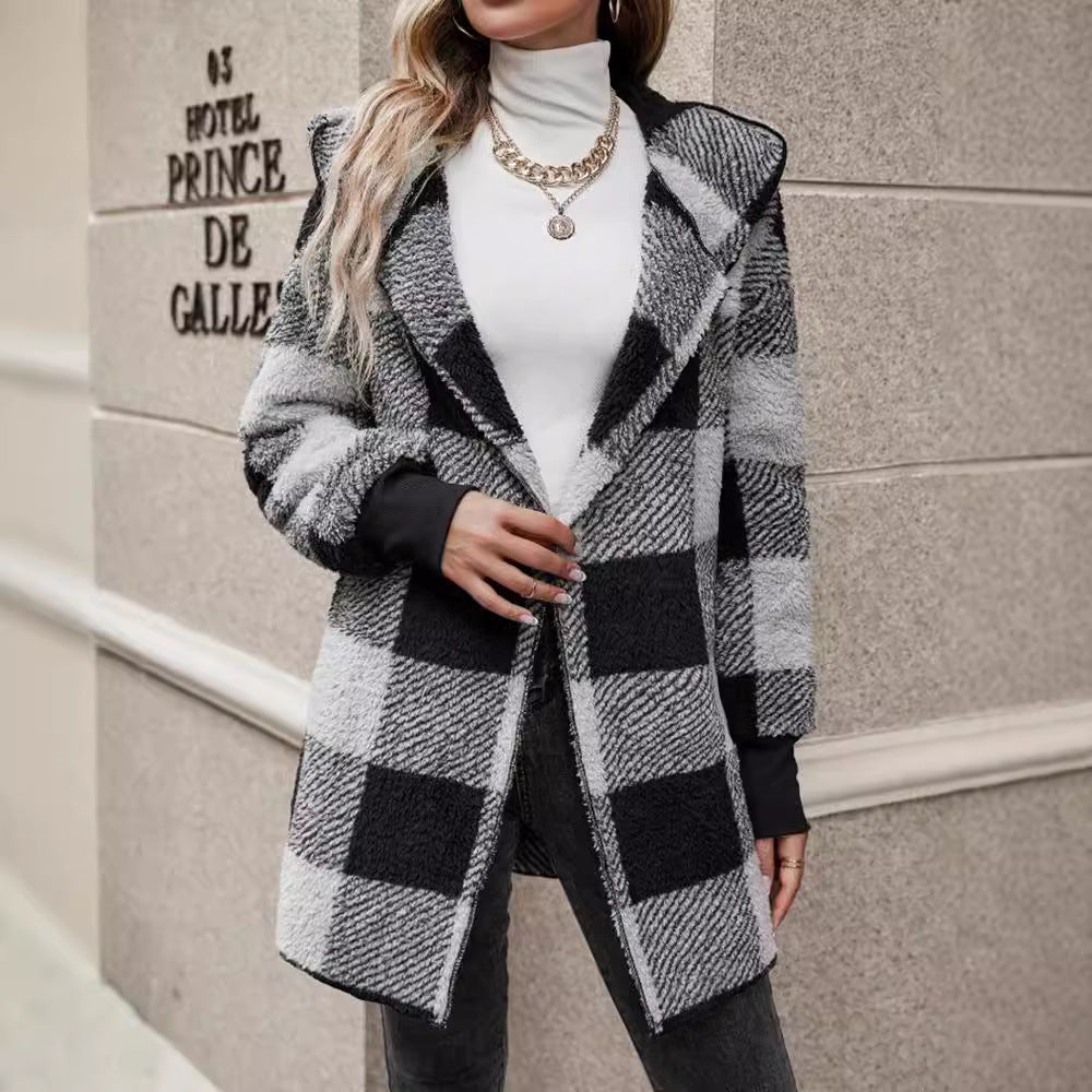 Women's checked teddy coat with large lapel collar and ribbed cuffs Mune Fashion