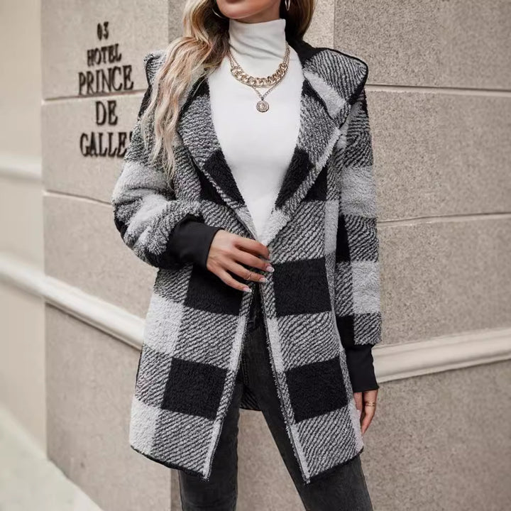 Women's checked teddy coat with large lapel collar and ribbed cuffs Mune Fashion