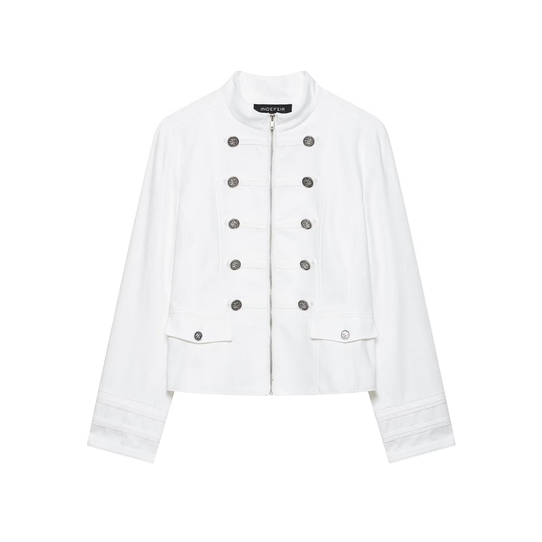 Women's Short Jacket in Officer Style with Stand Collar and Decorative Button Rows Mune Fashion