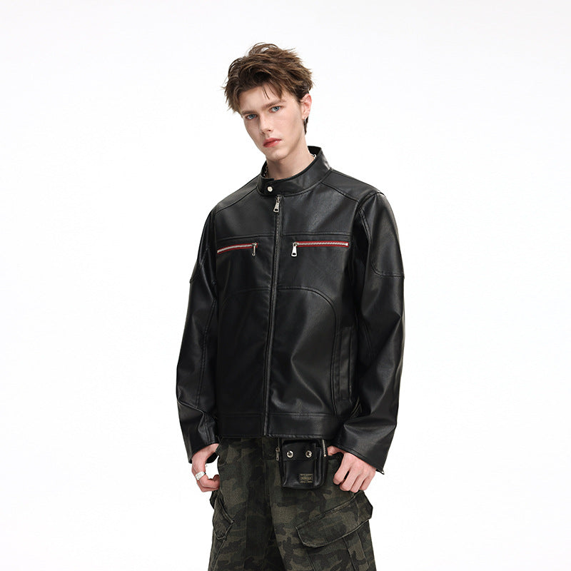 Herren Kunstleder-Bomberjacke mit Stehkragen, Zwei-Wege-Reißverschluss und Brustreißverschlusstaschen Mune Fashion