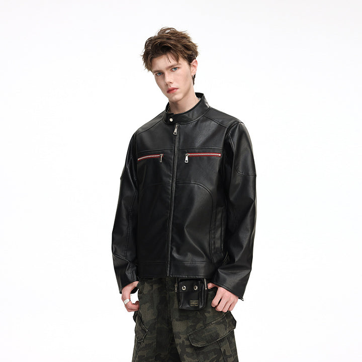 Herren Kunstleder-Bomberjacke mit Stehkragen, Zwei-Wege-Reißverschluss und Brustreißverschlusstaschen Mune Fashion