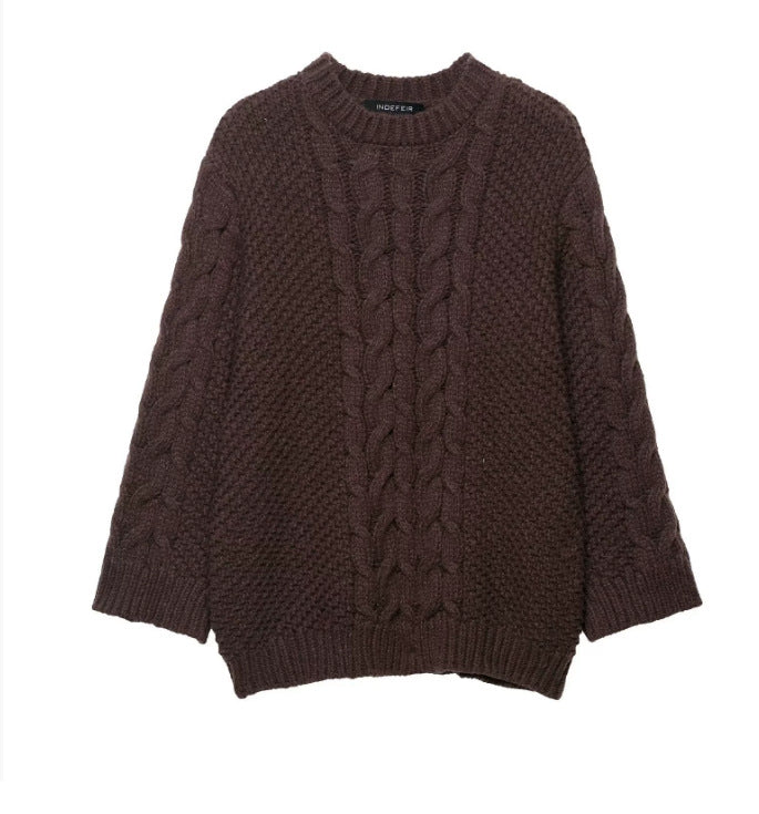 Women's 1800+ Oversize Cable Knit Sweater with Wide Round Neck and Balloon Sleeves Mune Fashion