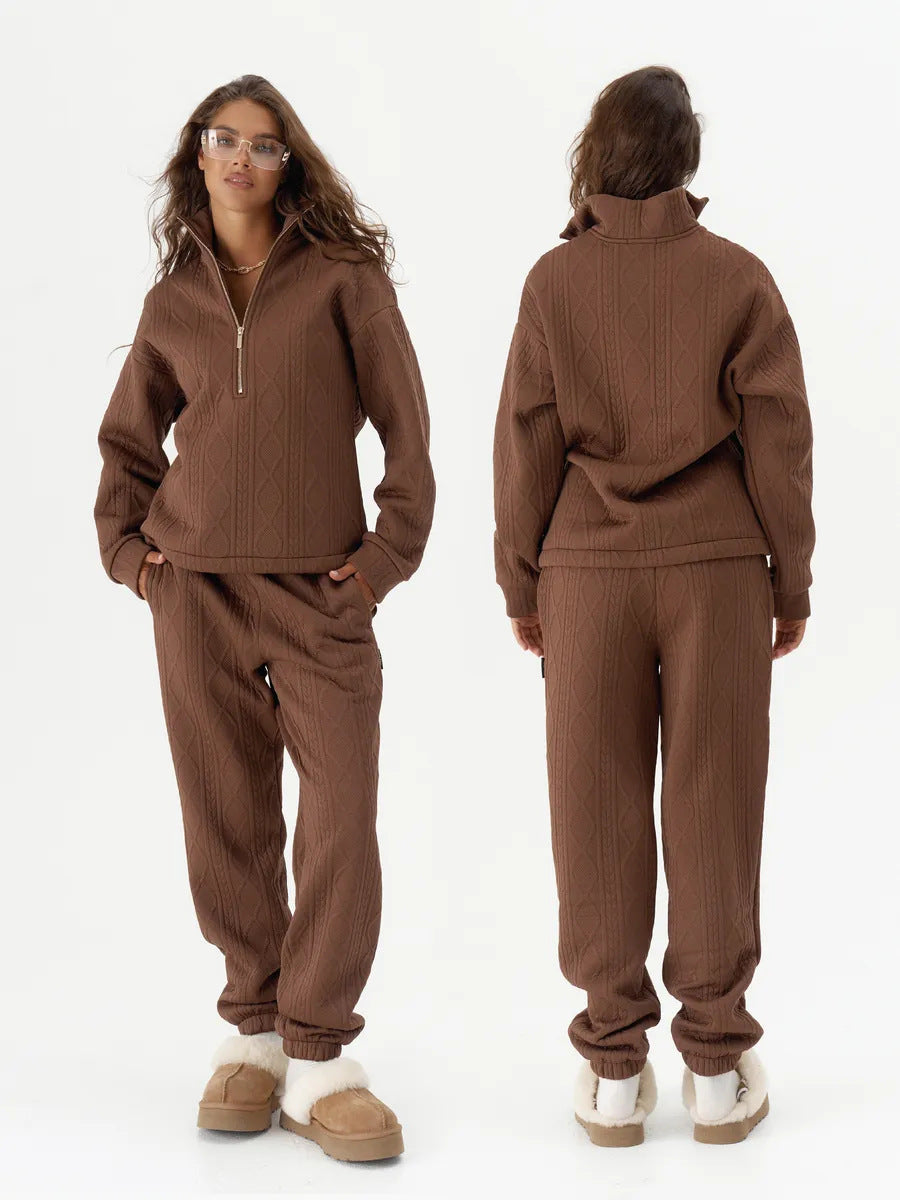 Women's Cable Knit Lounge Set with Half Zipper and High-Waisted Jogging Pants Mune Fashion