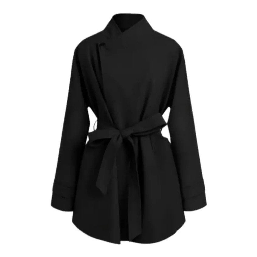 Women Oversized Wrap Blouse with Stand Collar and Tie Belt Mune Fashion