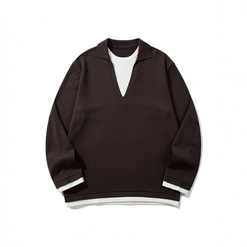 Unisex Oversize Knit Sweater with Open V-Neck and Shirt Collar Mune Fashion