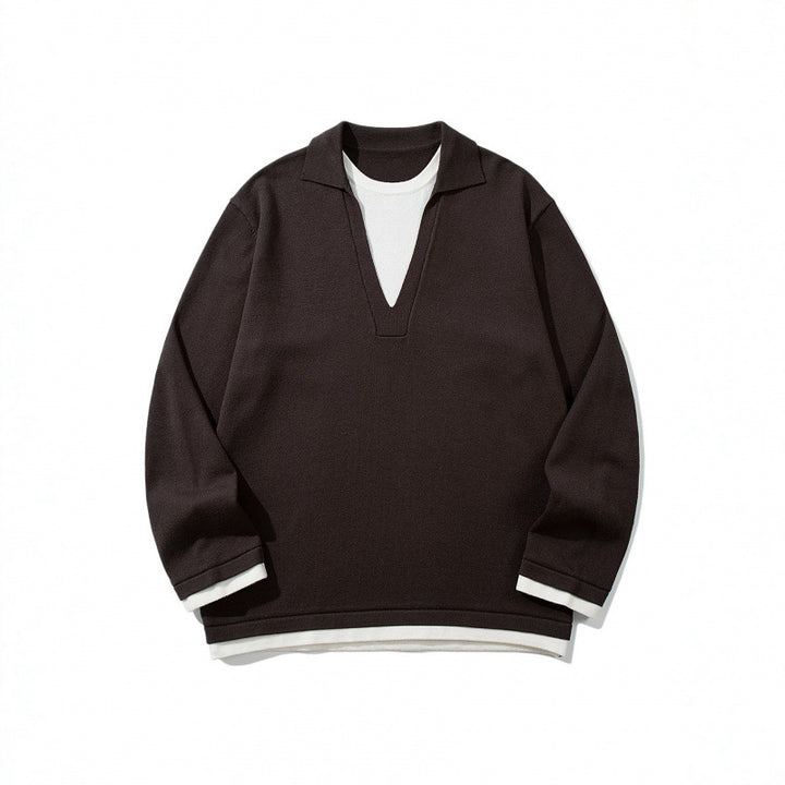 Unisex Oversize Knit Sweater with Open V-Neck and Shirt Collar Mune Fashion