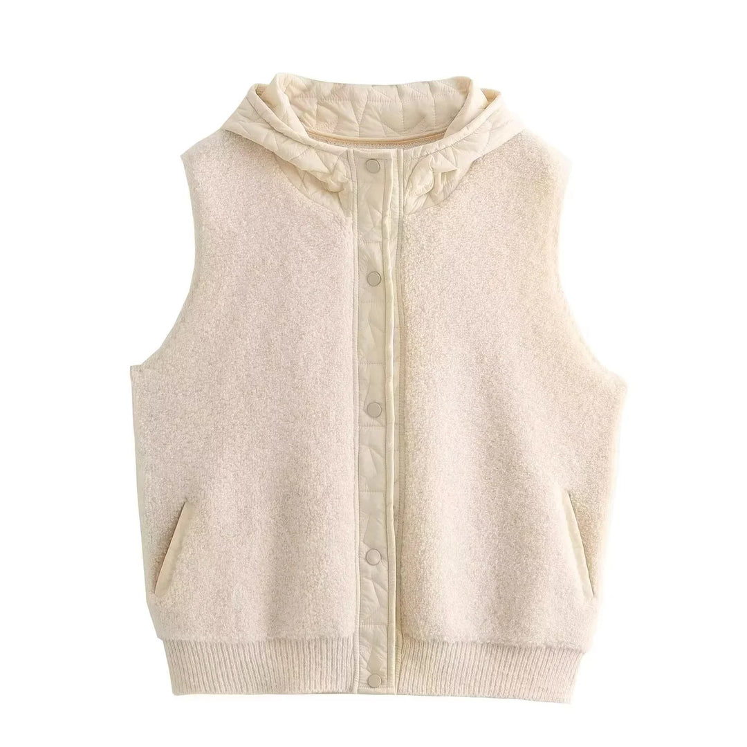 Women's Padded Wool Blend Vest with Hood and Snap Button Placket Mune Fashion
