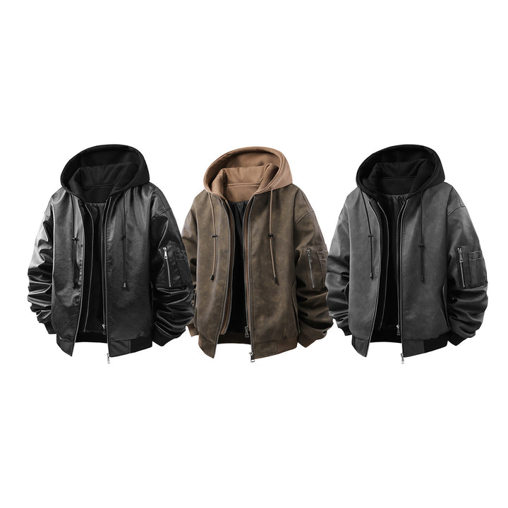Men's Oversized Faux Leather Bomber Jacket with Hood, Arm Pocket and Zipper Mune Fashion