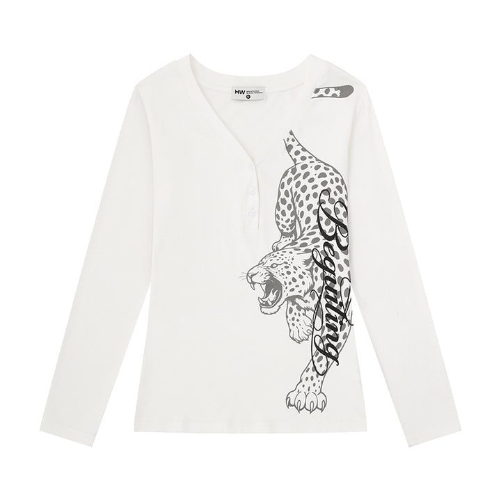 Women's Long Sleeve Henley Shirt with V-Neck and Large Panther Print Mune Fashion