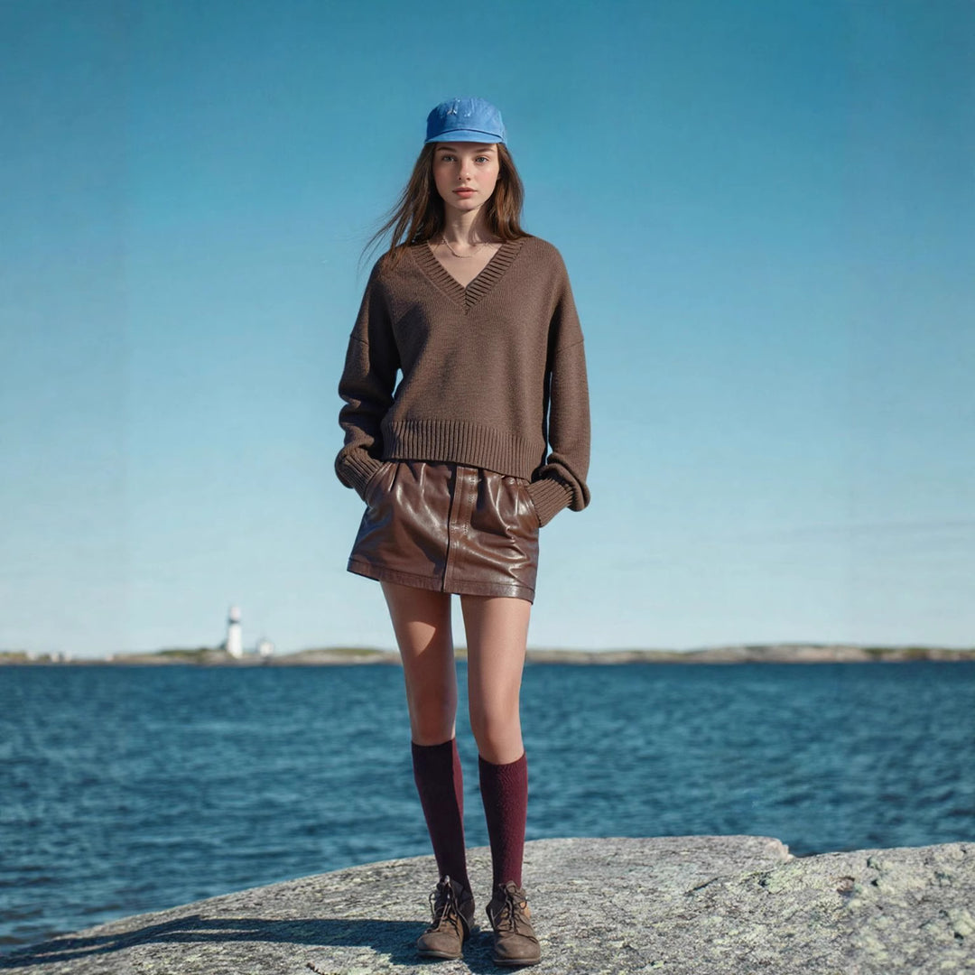 Women's Oversized V-Neck Knit Sweater with Kangaroo Pocket Mune Fashion