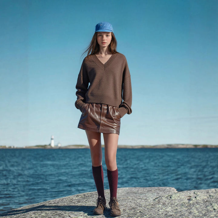 Women's Oversized V-Neck Knit Sweater with Kangaroo Pocket Mune Fashion