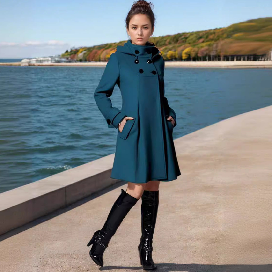 Women A-line wool coat with high standing collar, hooded look, and double-breasted Mune Fashion