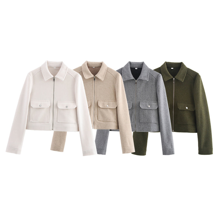 Women short cut wool mix jacket with shirt collar, zipper and patch flap pockets Mune Fashion