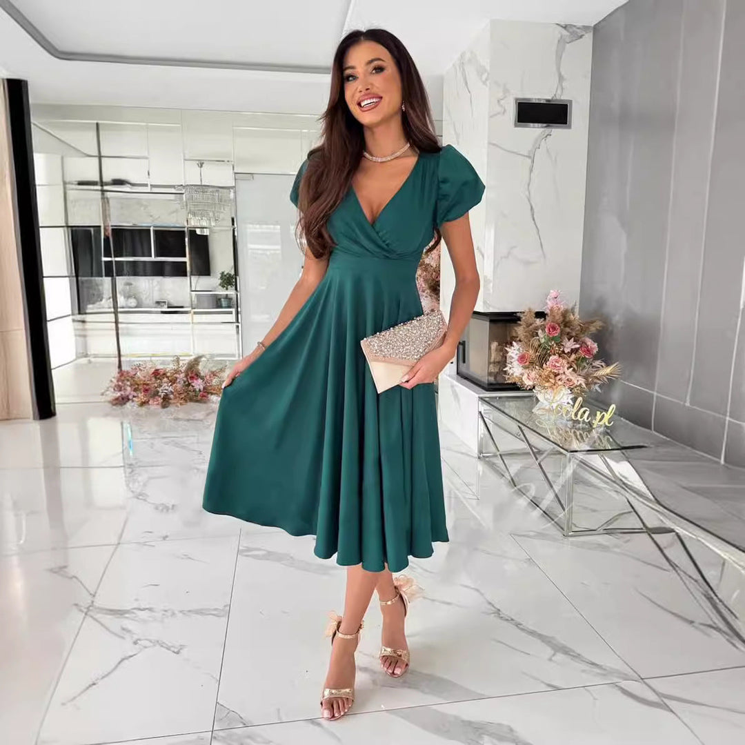 Women's A-line dress with puff sleeves and narrow V-neck Mune Fashion