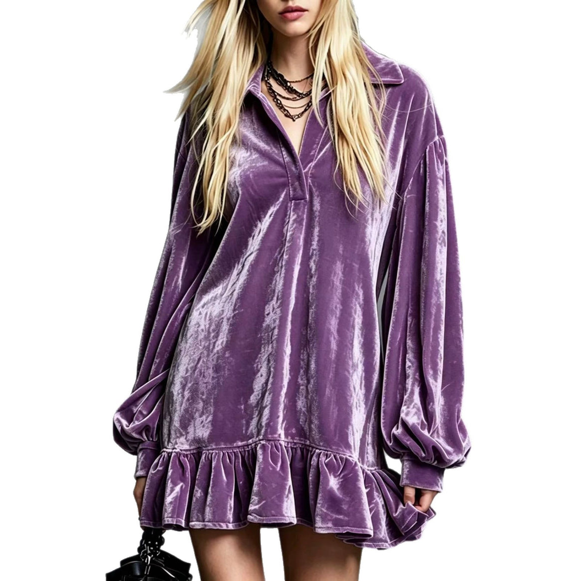 Ladies Velvet Mini Dress with Ruffled Hem, Balloon Sleeves and Shirt Collar Mune Fashion