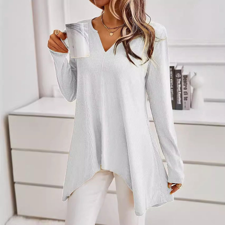 Women's Ribbed Long Sleeve Tunic with V-Neck and Asymmetrical Shark Hem Mune Fashion
