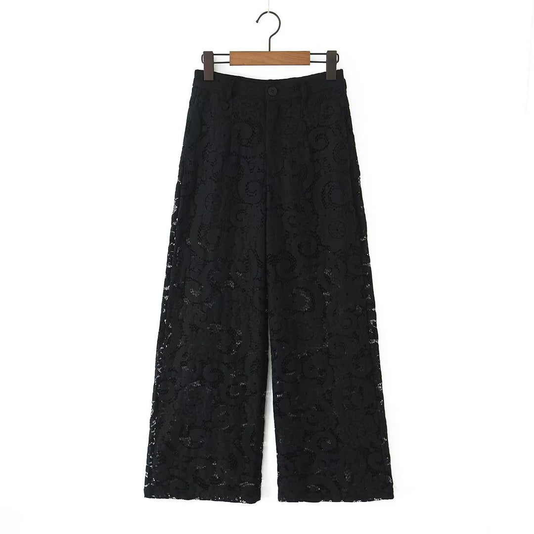 Women Wide Lace Trousers with High Waist and Lined Interior Mune Fashion
